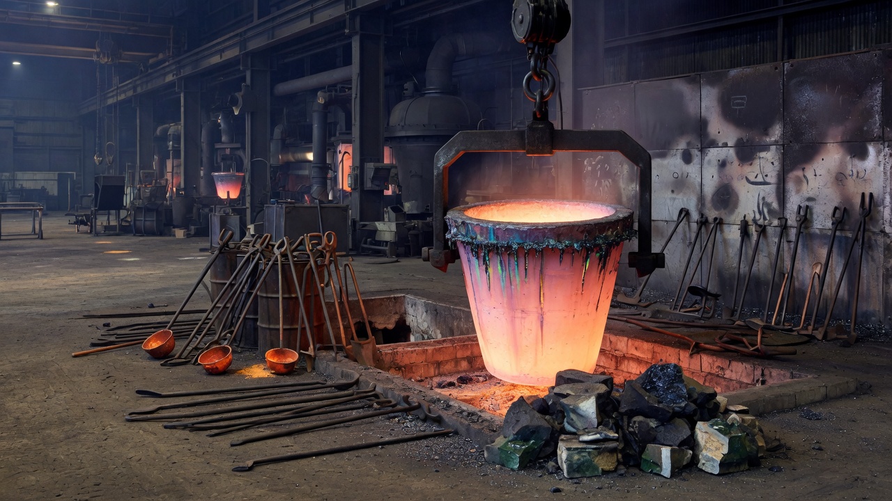 Molten metal in a shop-floor crucible under heavy iron beams